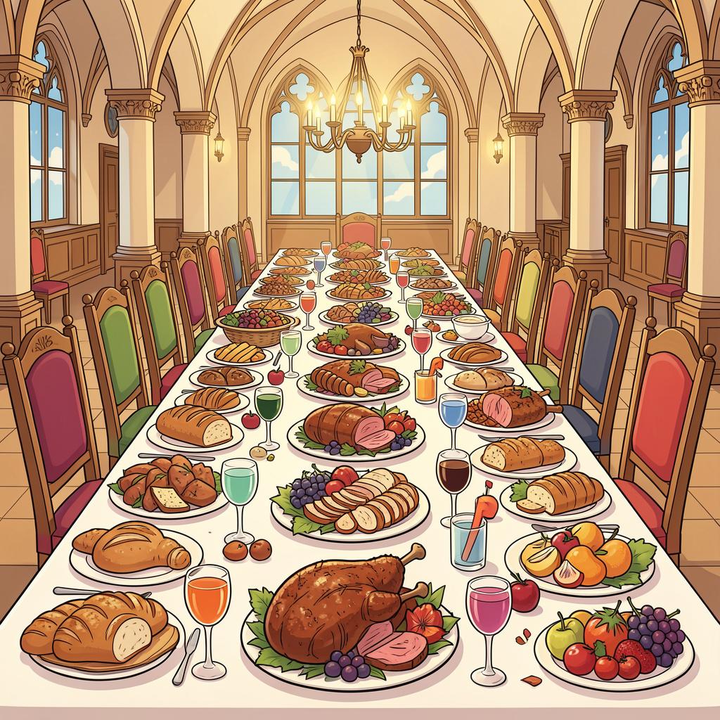 A long wooden table filled with many plates of delicious food, including roasted chicken, fresh bread, and fruit, with many chairs around it.
