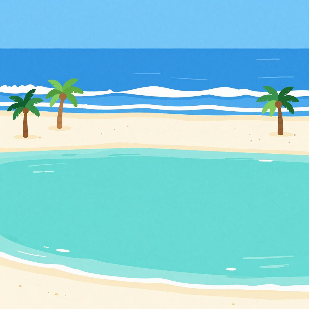 白い砂浜とヤシの木に細く隔てられた、穏やかなターコイズブルーのラグーンと深い青の海。