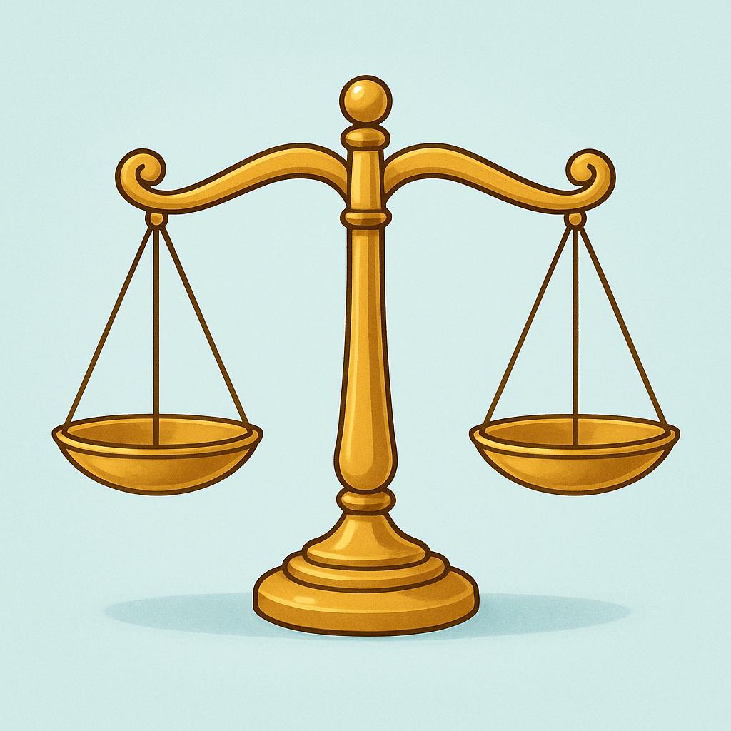 A perfectly balanced scale of justice made of gold, symbolizing official government law.