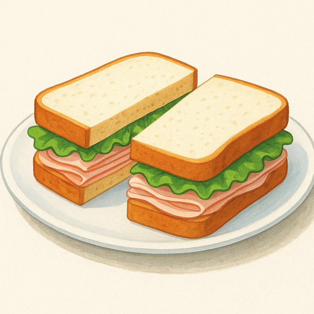A simple, well-made sandwich consisting of turkey and lettuce, neatly cut in half and placed on a plain white plate, illustrating acceptable quality.