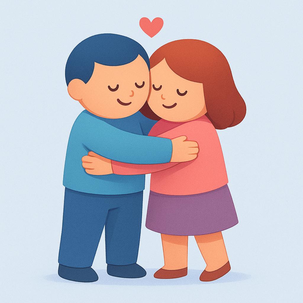 Two stylized figures standing and embracing each other warmly, illustrating a hug.