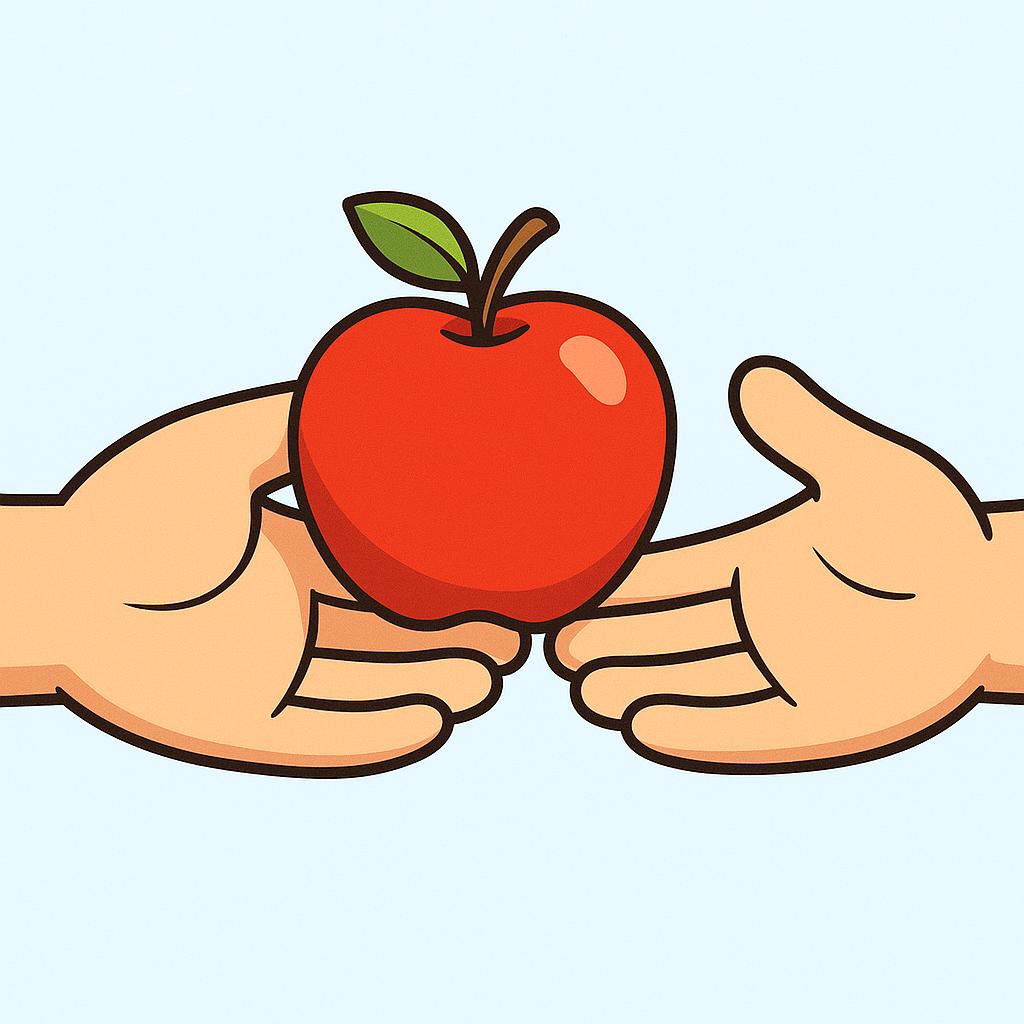 A close-up view of two simplified cartoon hands exchanging a bright red apple, illustrating the act of handing over an object.