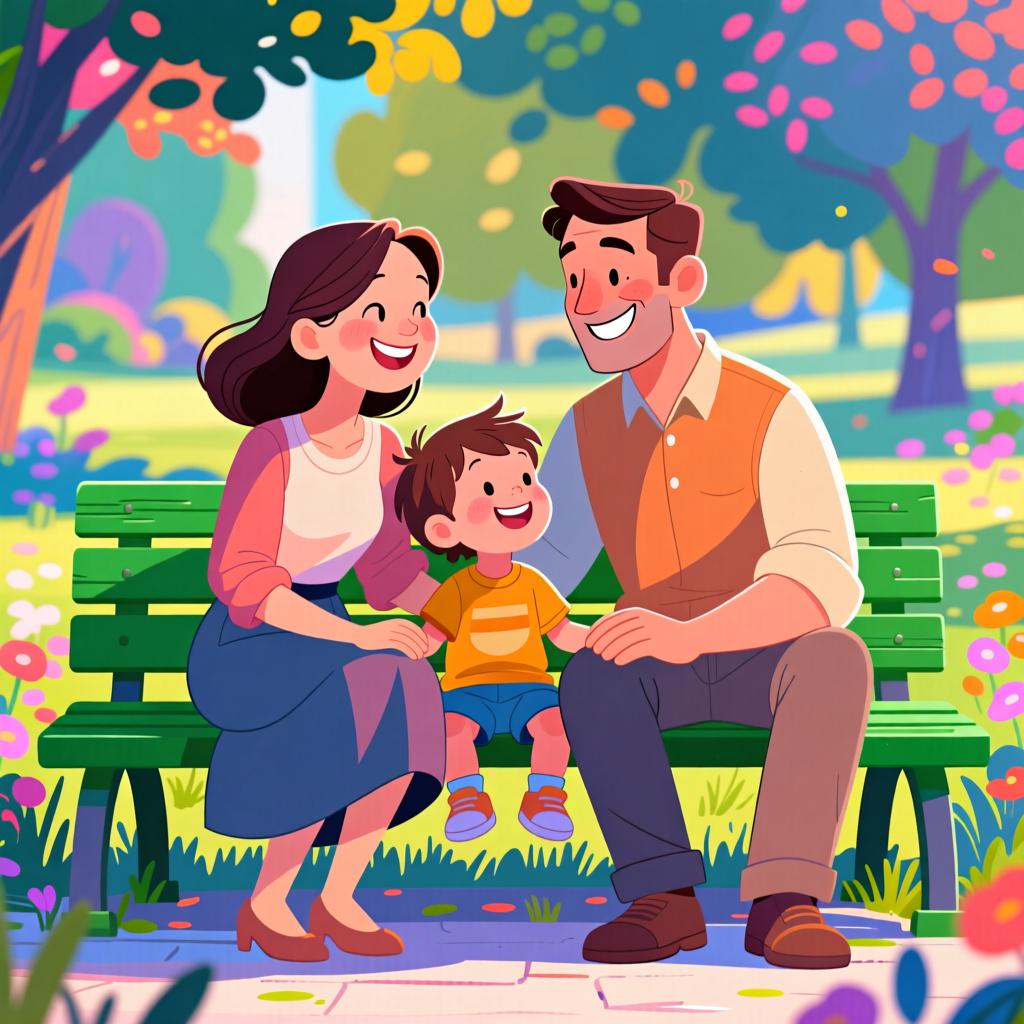 A happy family consisting of a mother, a father, and one child sitting together on a green park bench, smiling warmly.