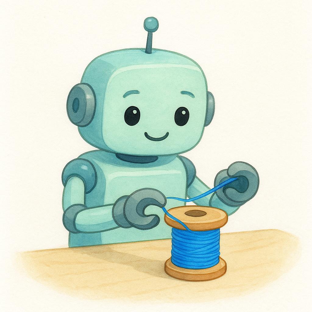 A brightly colored, simple storybook illustration of a small, cheerful mechanical toy robot successfully winding a spool of thread, demonstrating successful operation.