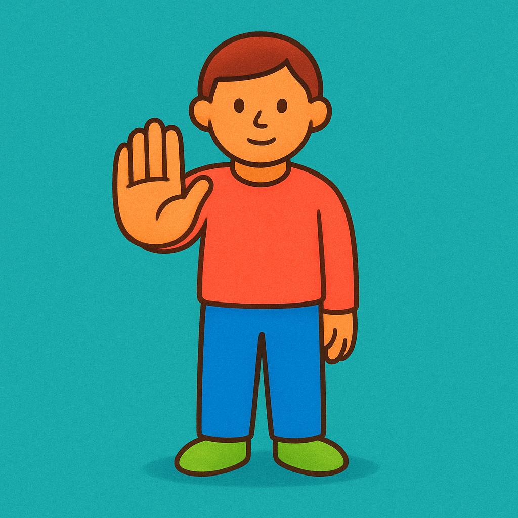 A simple illustration of a person standing still and holding one hand straight out with the palm facing forward, signaling the universal command to halt or stop movement.