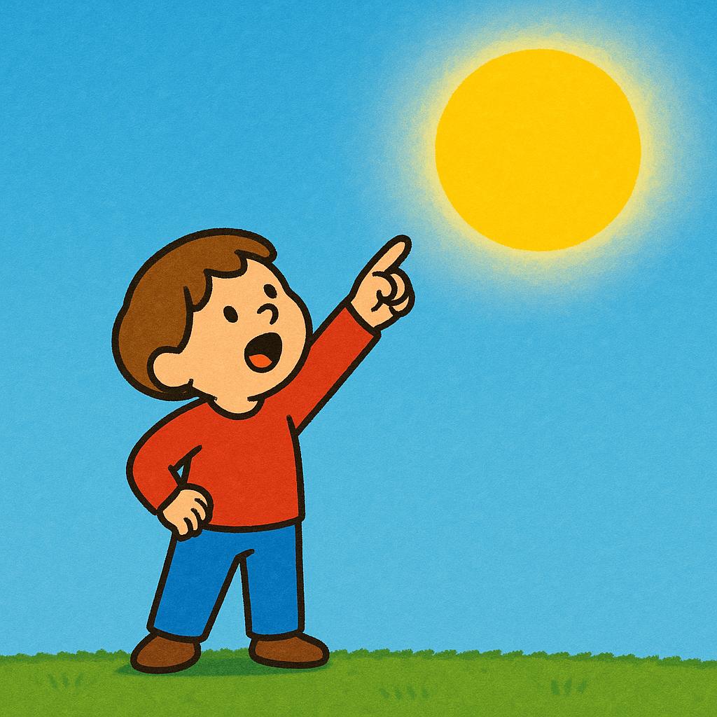 A colorful storybook illustration of a small person pointing emphatically upwards at a very large, bright yellow sun in a clear blue sky, symbolizing something evident or obvious.