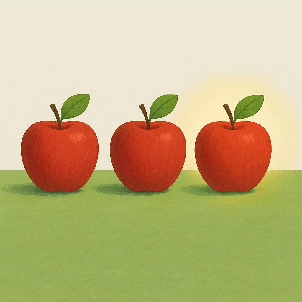 Three brightly colored, identical apples lined up in a row on a surface. The third apple is distinctively highlighted with a soft glow.