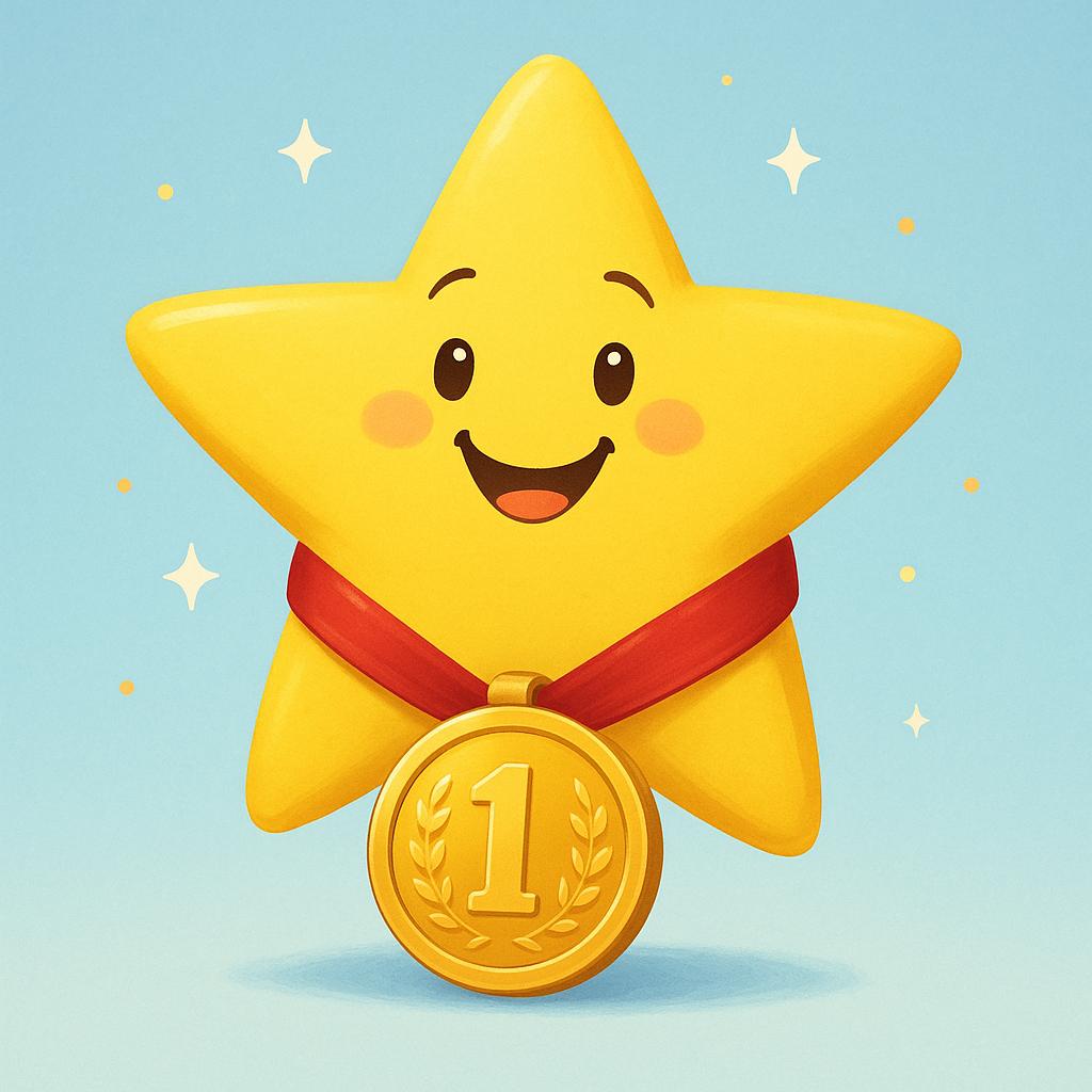 A cheerful yellow star beaming brightly while proudly wearing an oversized gold medal.