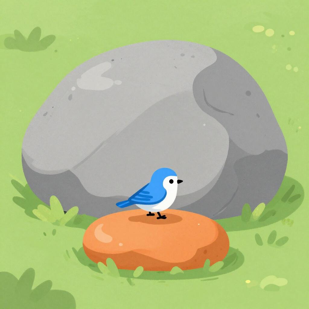 A small, colorful stepping stone placed before a large rock to help a small bird reach the top.