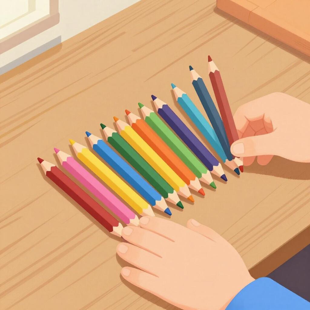 A person's hands using a straight edge to perfectly align a long row of colorful pencils on a desk.