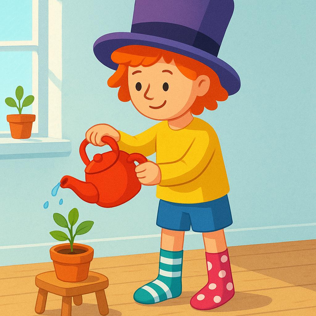 A smiling, eccentric person with bright orange hair and a purple top hat, watering a potted plant using a red teapot.