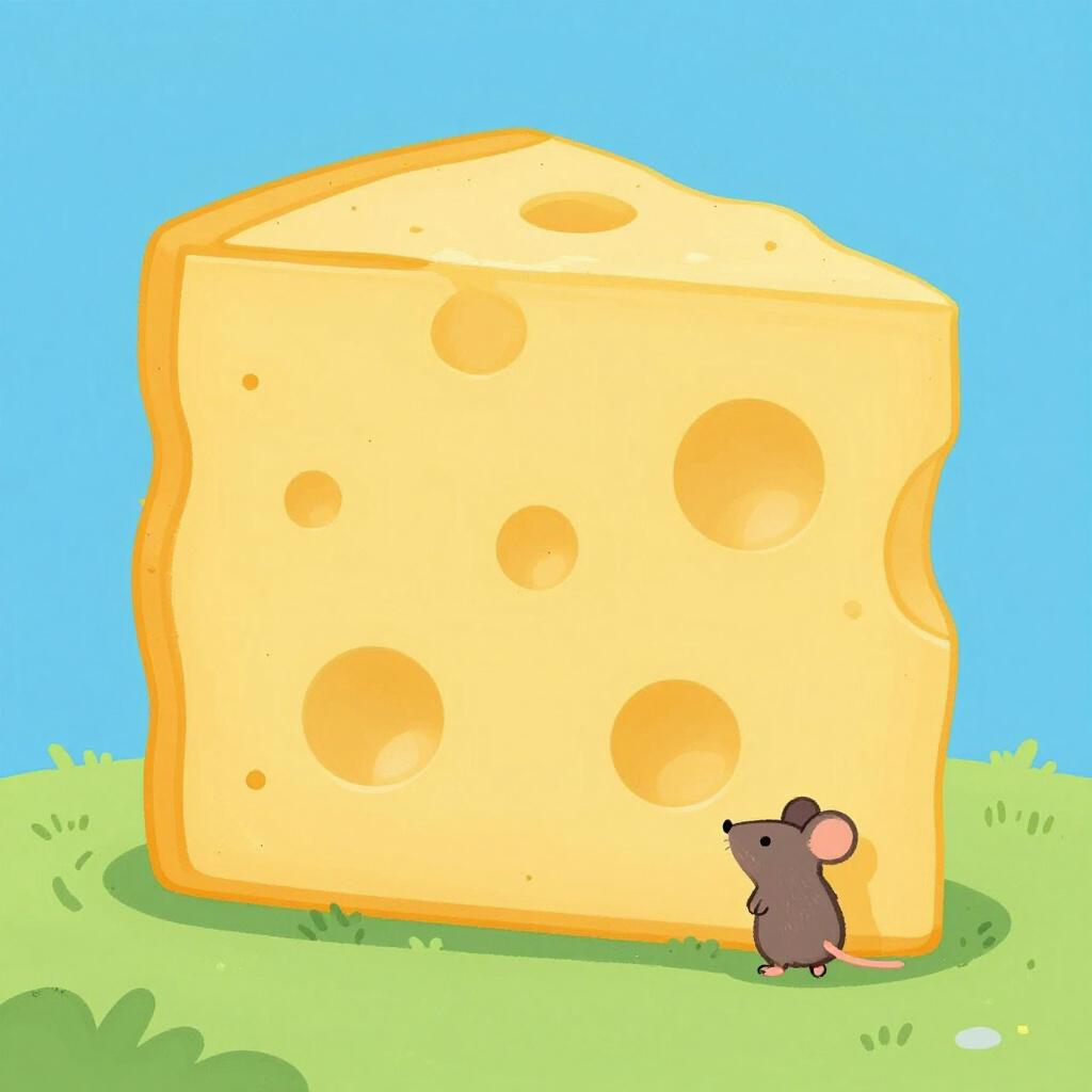 A tiny mouse standing next to a mountain of cheese that is many times its size, looking amazed.