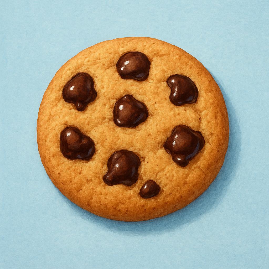 A close-up view of a single, perfectly baked round chocolate chip cookie with prominent melted chocolate pieces.