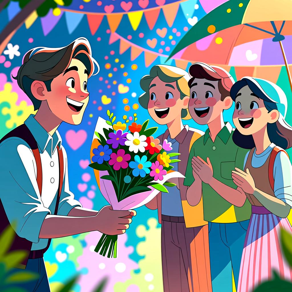 A person handing a bouquet of colorful flowers to a small group of three smiling people, illustrating the concept of giving something 'to them'.