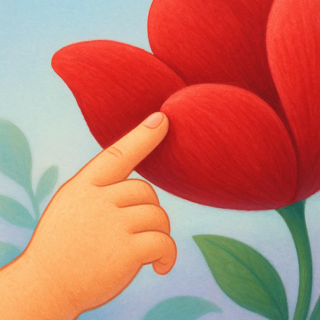 A child's hand gently touching the soft, red petal of a large, vibrant flower.