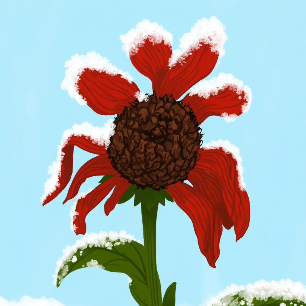 A single, bright red flower wilting and turning brown, covered in a thin layer of white frost, symbolizing its death.