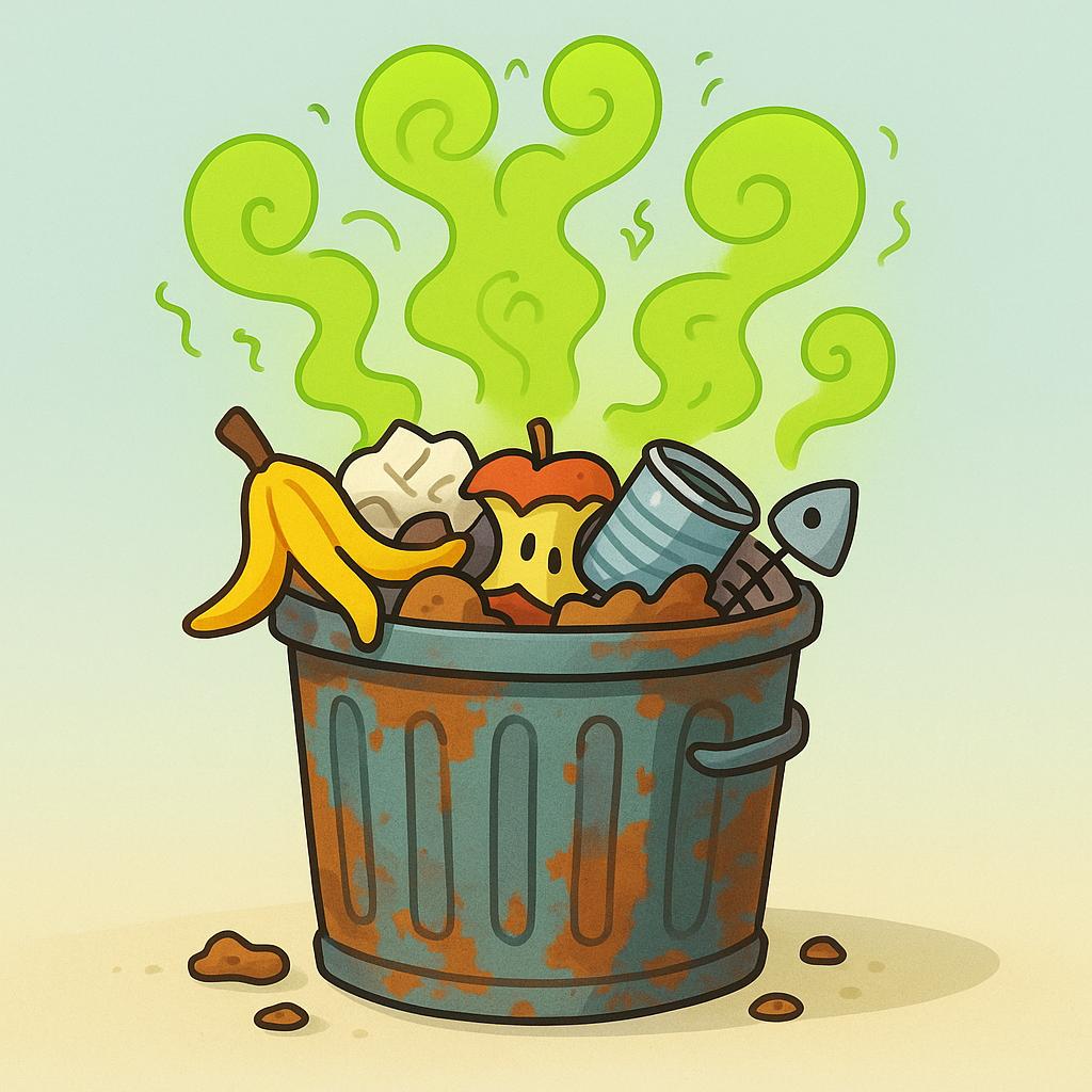 A rusty, overflowing metal garbage can sitting outside on a sunny day, emitting thick, swirling green clouds to represent a foul odor.