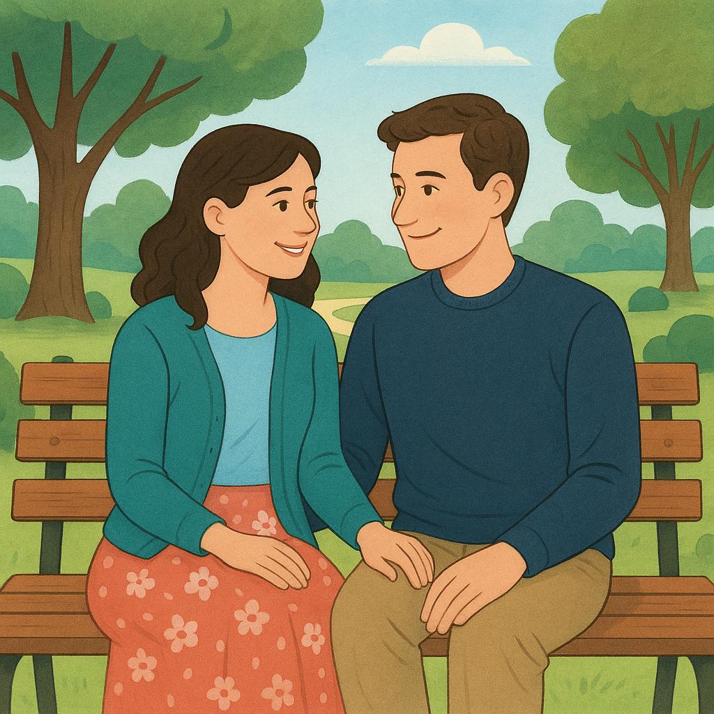 A colorful storybook illustration showing a woman and a man sitting comfortably on a park bench, facing each other and smiling warmly during a relaxed conversation, signifying familiarity.