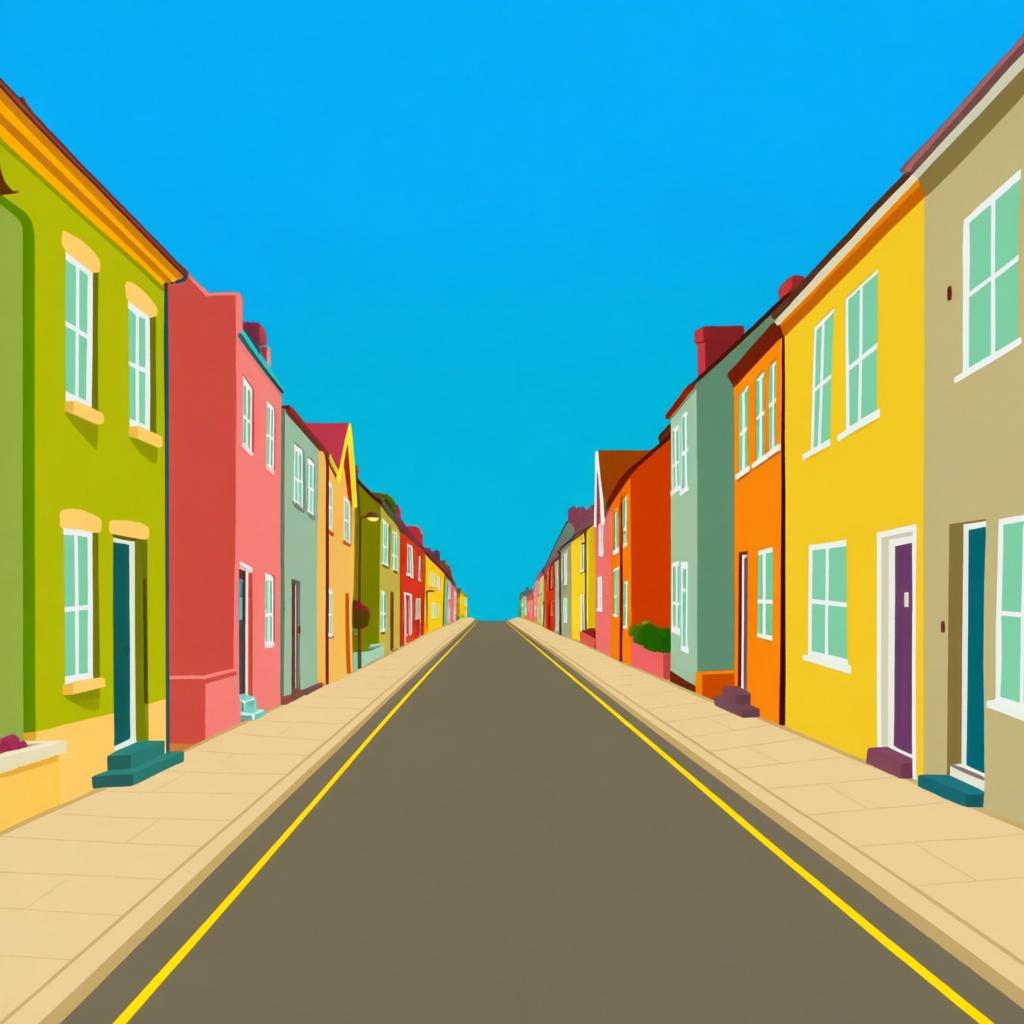 A colorful, simple illustration of a narrow city street lined with small, vibrant buildings under a clear sky.