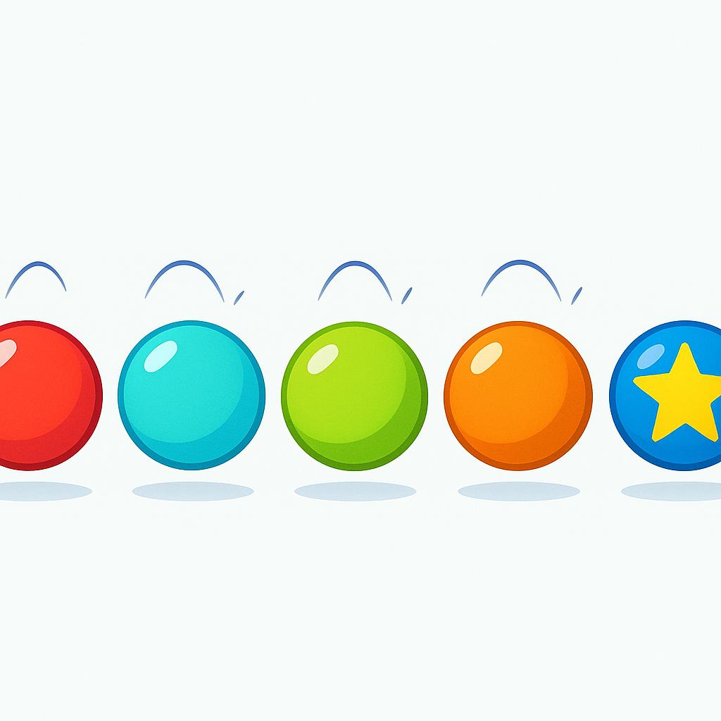 Five brightly colored bouncing balls lined up in a row, with the fifth ball clearly marked with a yellow star to indicate its position.