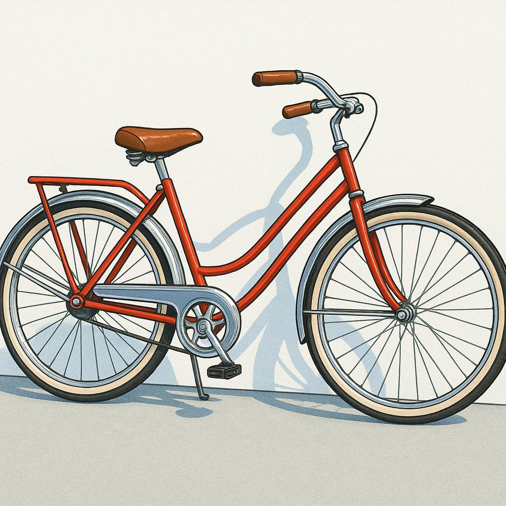 A bright red vintage bicycle standing upright, looking perfectly clean and polished, leaning against a sunny wall.