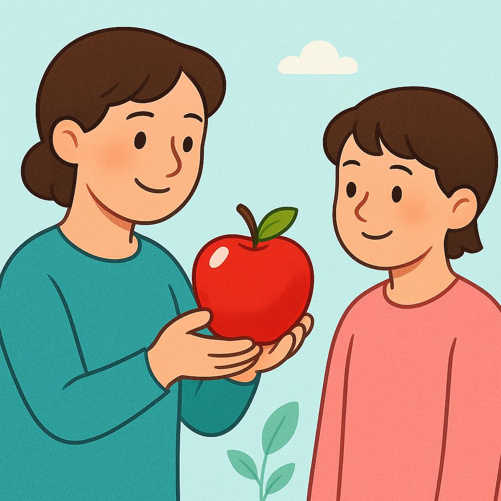 A brightly colored illustration showing a standing figure holding a bright red apple in their hand and extending it toward a second figure, clearly presenting the object.