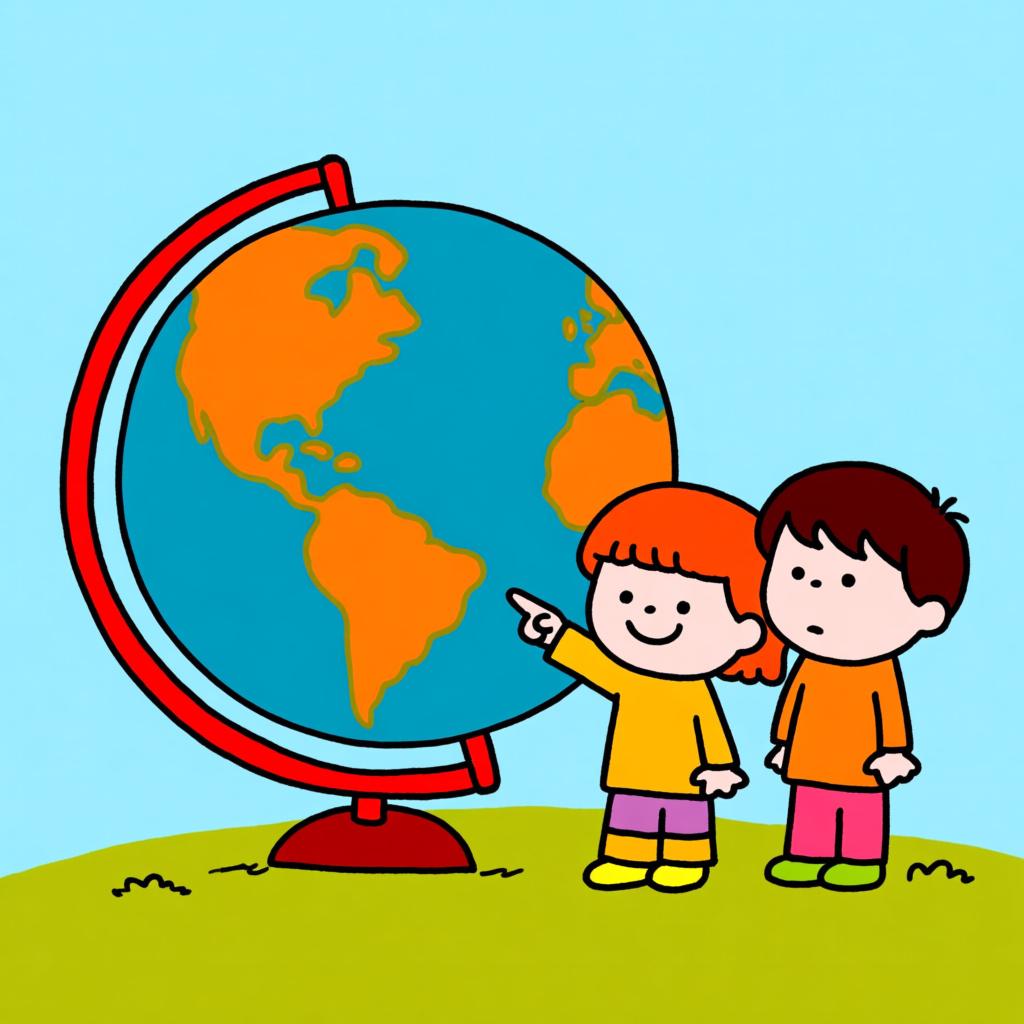 Two cartoon children standing next to a large, brightly colored globe. One child points confidently to a location, signifying shared knowledge.