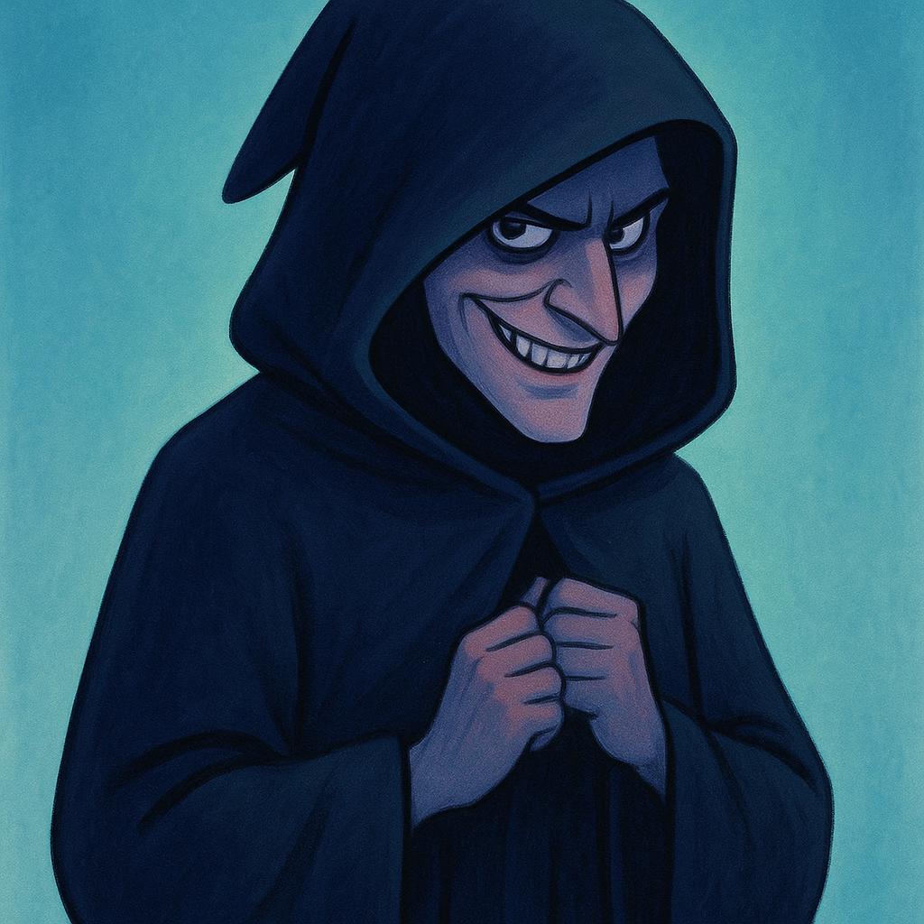 A high quality storybook illustration showing a sinister, dark-cloaked figure with a sharp, cruel grin, standing against a simple, colorful background, symbolizing wickedness.
