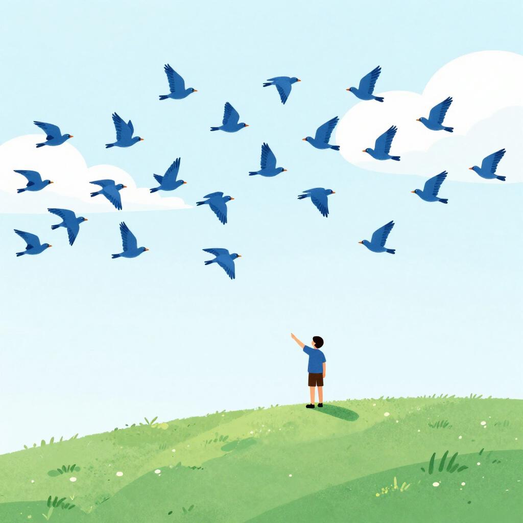 A single person pointing at a large, identical group of blue birds to represent making a broad statement.