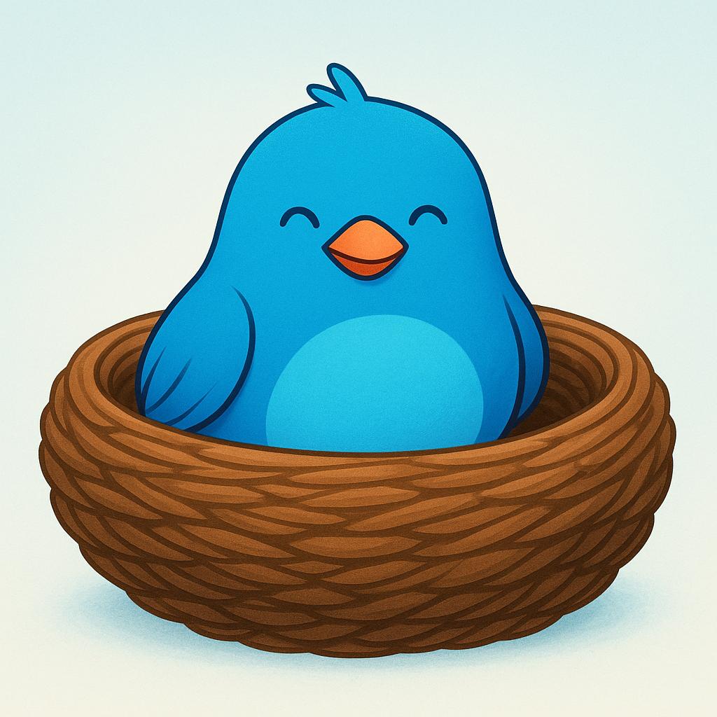 A small blue cartoon bird sitting squarely and comfortably inside a large, round woven brown nest, clearly occupying the entire space.