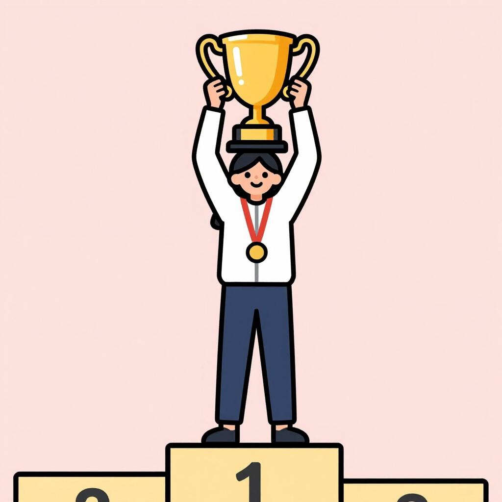 A happy woman holding a gold trophy over her head.