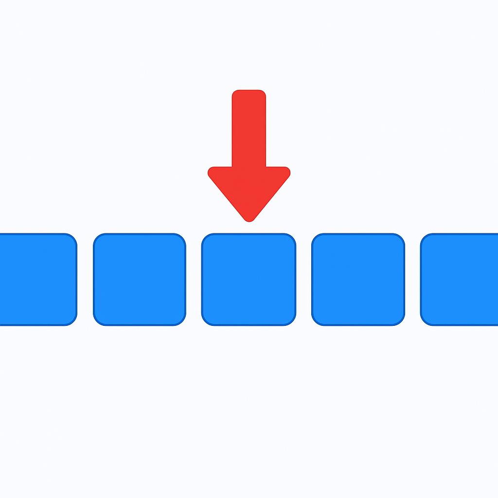 A simple storybook illustration featuring five identical blue squares arranged in a straight line. A thick, bright red arrow points directly and precisely at the center square, distinguishing it from the others.