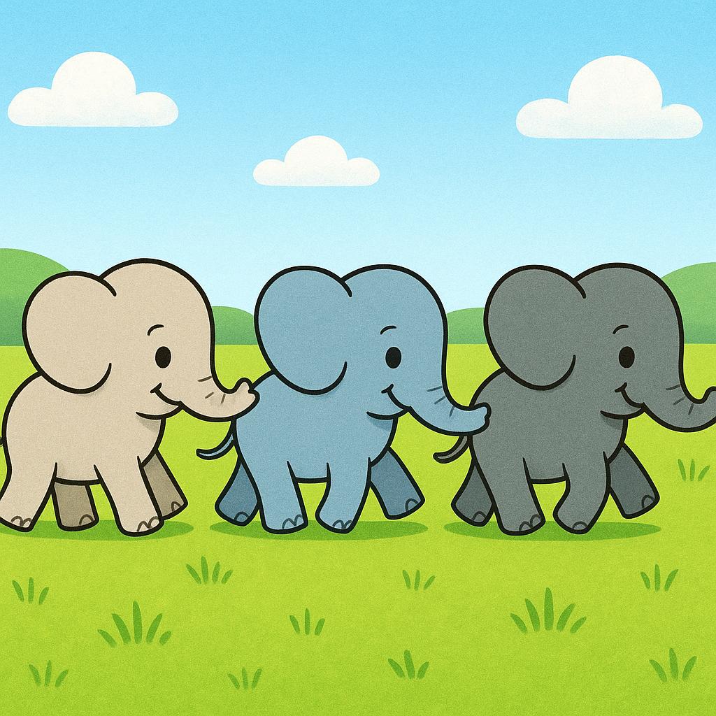 A simple drawing of three large gray elephants standing close together on a grassy plain, representing a herd.