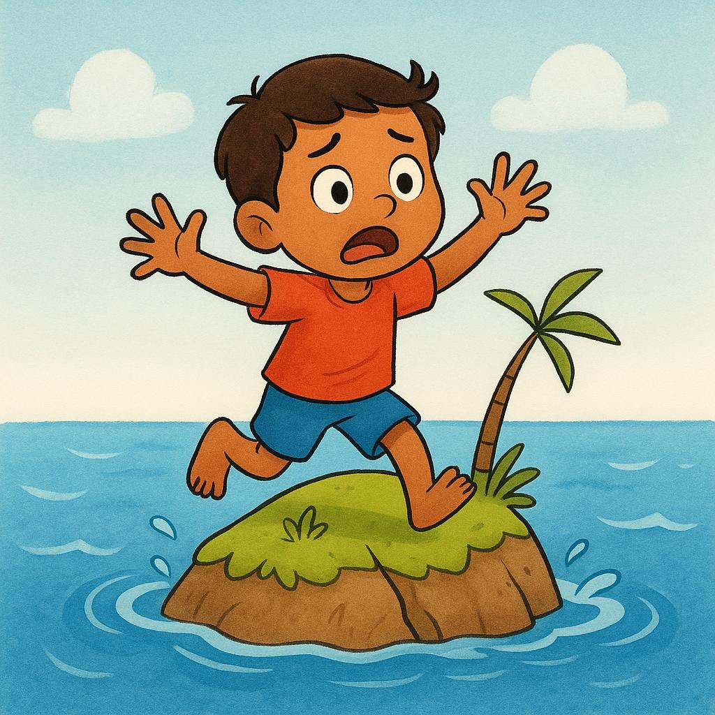 A cartoon character urgently waves their arms while standing precariously on a tiny island in the ocean, signaling distress.