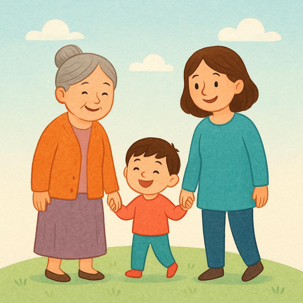 A storybook illustration showing three generations of a family: a grandmother, a mother, and a child, holding hands and smiling, symbolizing relatives.