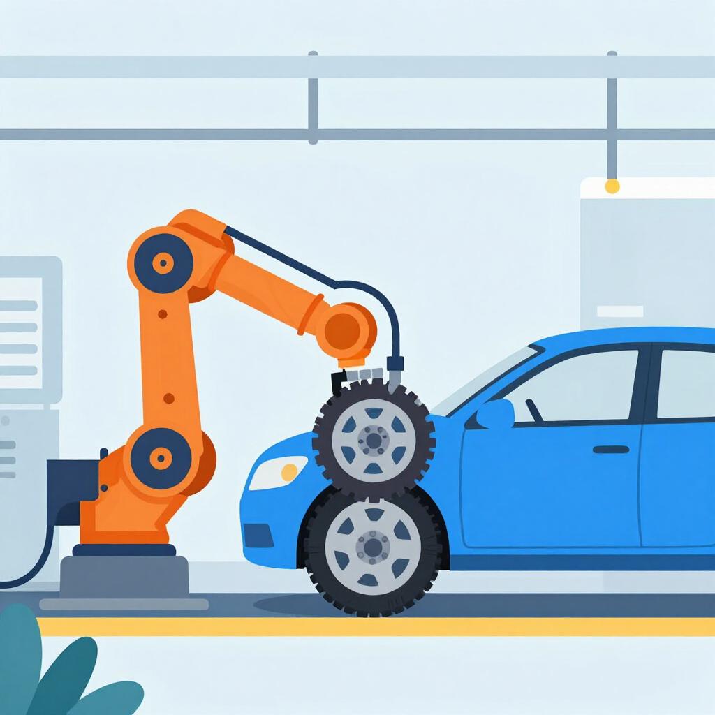 A modern factory assembly line with robotic arms assembling a bright blue car.