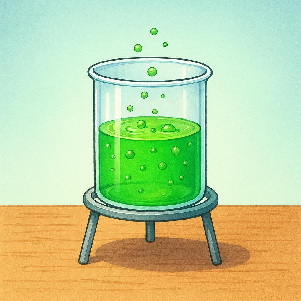 A clear glass beaker filled with bright green liquid, gently bubbling, resting on a small metal lab stand.