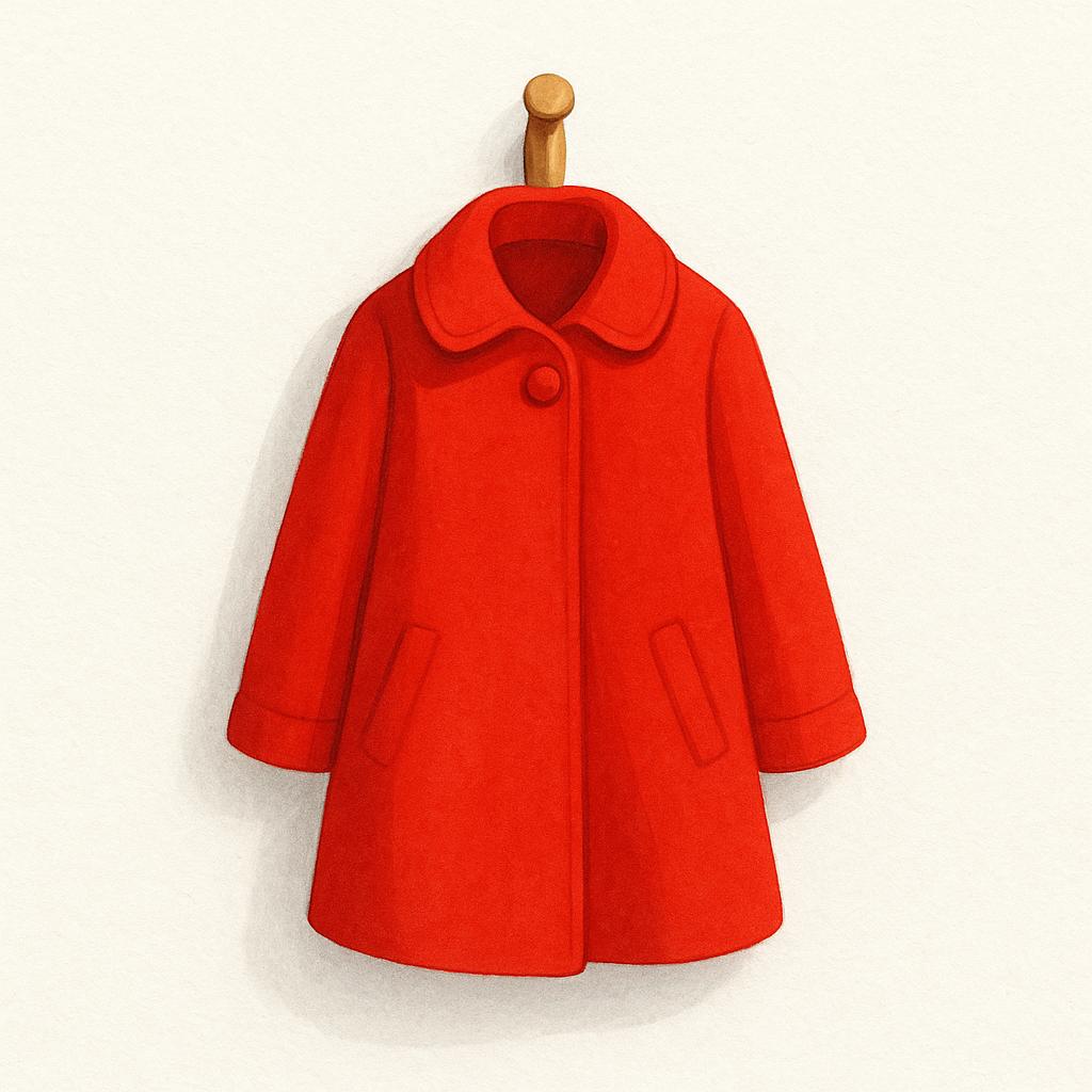 A vibrant red coat is suspended from a simple wooden hook mounted on a white wall.