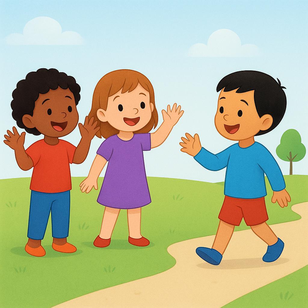 A simple storybook illustration showing two children waving enthusiastically to summon a third child who is walking toward them.