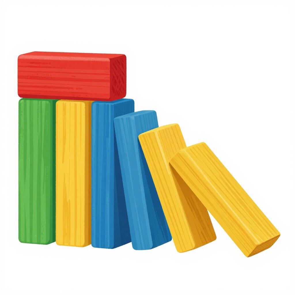 A row of colorful wooden blocks where one falling block causes the next one to tip over.