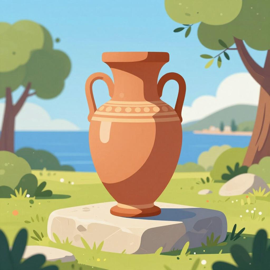 Um vaso clássico de argila da Grécia Antiga com padrões simples em laranja e preto, pousado num pedestal de pedra sob um céu azul brilhante.