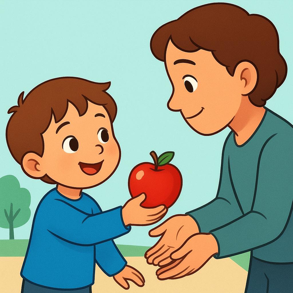 A smiling child is actively extending a bright red apple with both hands towards an adult, symbolizing the action of giving.