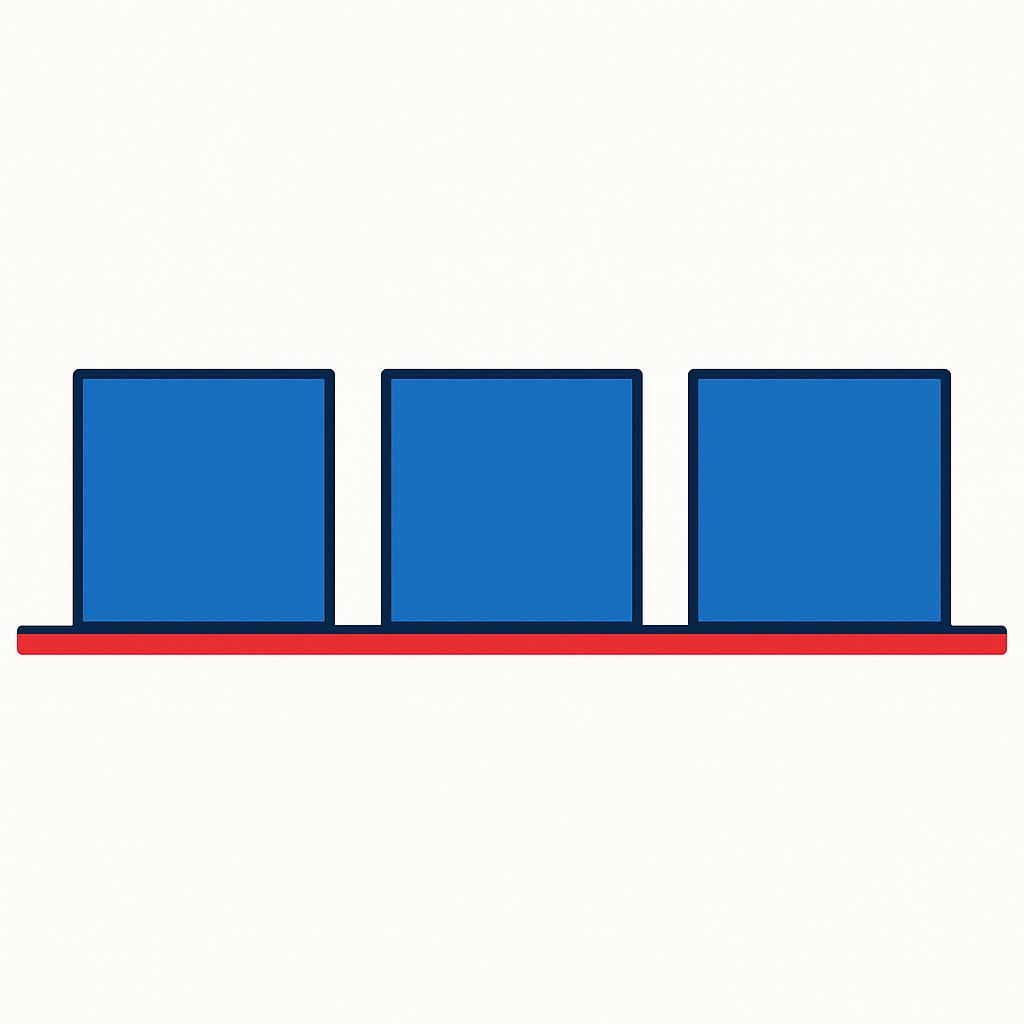 A high-quality illustration showing three identical blue square blocks perfectly aligned on a thin red baseline, emphasizing strict precision and adherence to rules.