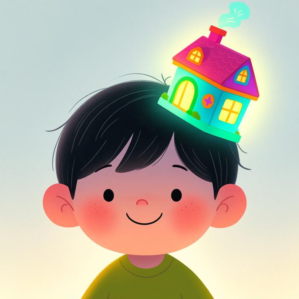 A high-quality storybook illustration of a young person looking thoughtful and slightly surprised, as a bright, glowing image of a small, colorful toy house materializes next to their head, symbolizing a recalled memory.