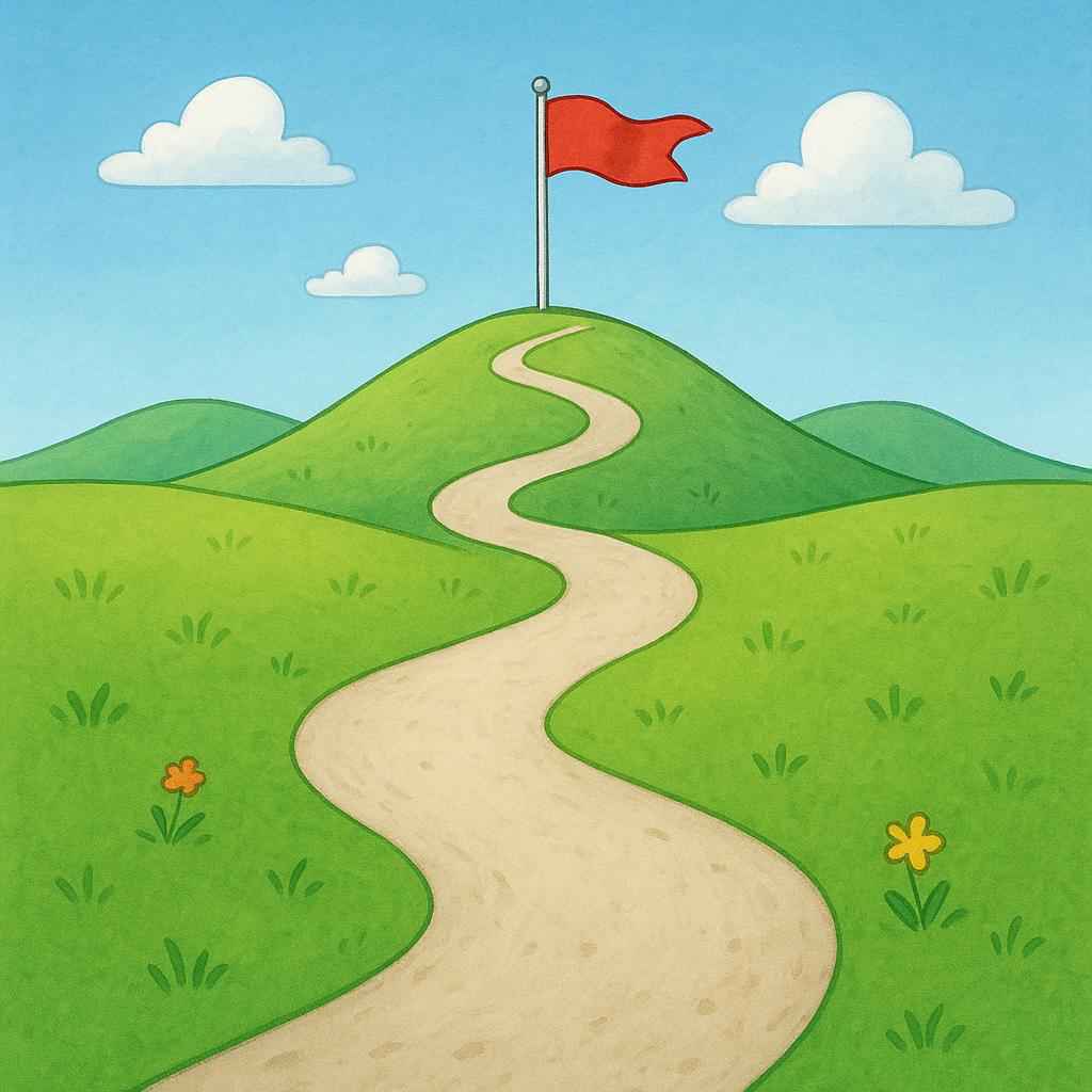 A winding, clearly defined path on green hills leading directly toward a bright, prominent flag planted on a distant hill, illustrating a high-level plan or strategy.