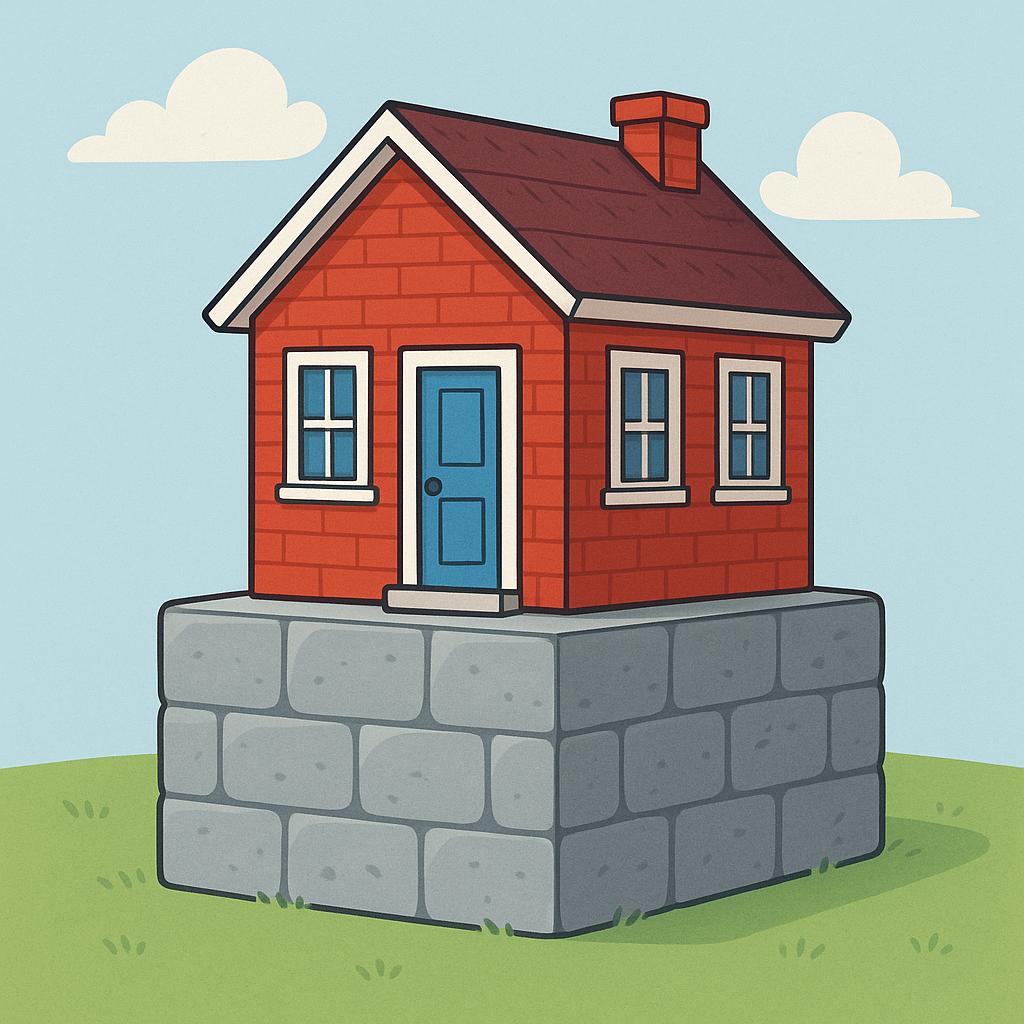 A sturdy, colorful red brick house sitting squarely on a thick, grey stone foundation block, illustrating a structure resting on its base.