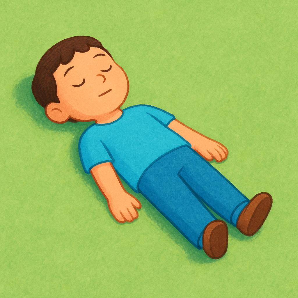 A simplified illustration of a person lying flat on their back on the ground, completely still with eyes closed, representing a medical state of being unconscious.