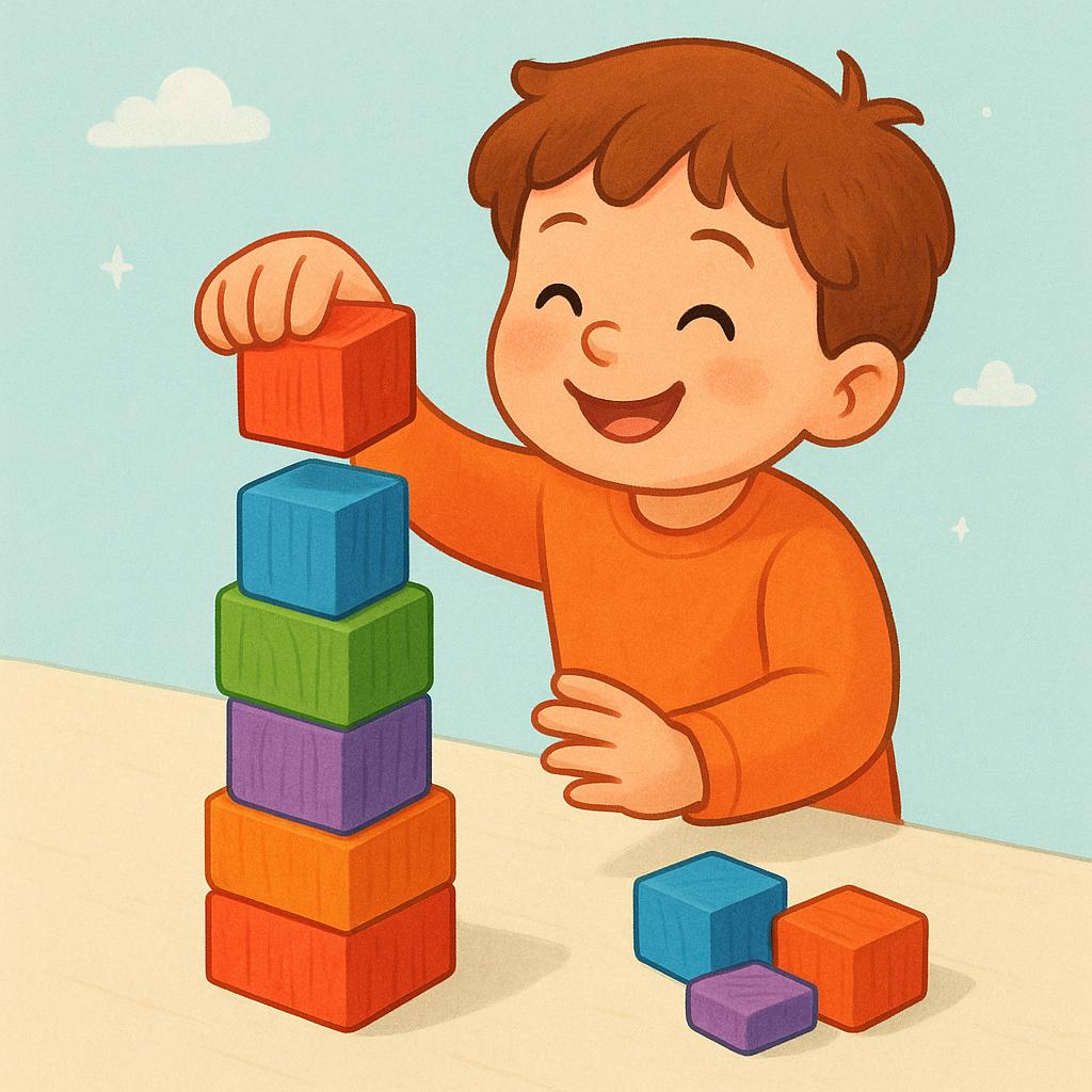 A brightly colored illustration showing a person's hand placing the last wooden block on a small, completed tower of blocks, symbolizing the action of having 'made' something.