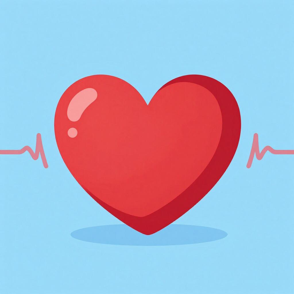 シンプルな赤い解剖学的ハートのアイコン。背景はクリーンで、動きを示す放射線状の線が付いている。
