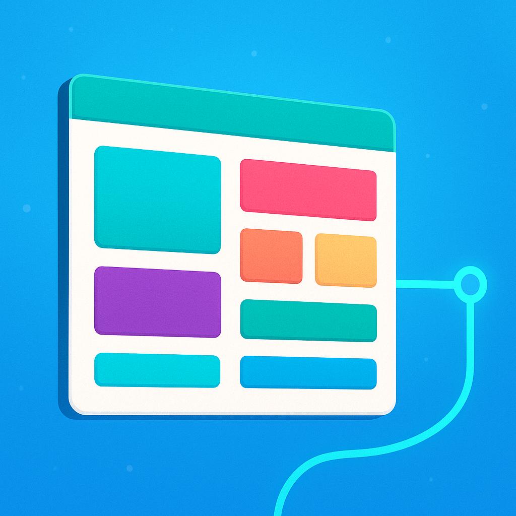 A simple, colorful storybook illustration showing a floating rectangular panel divided into abstract geometric sections, symbolizing a website or digital destination.